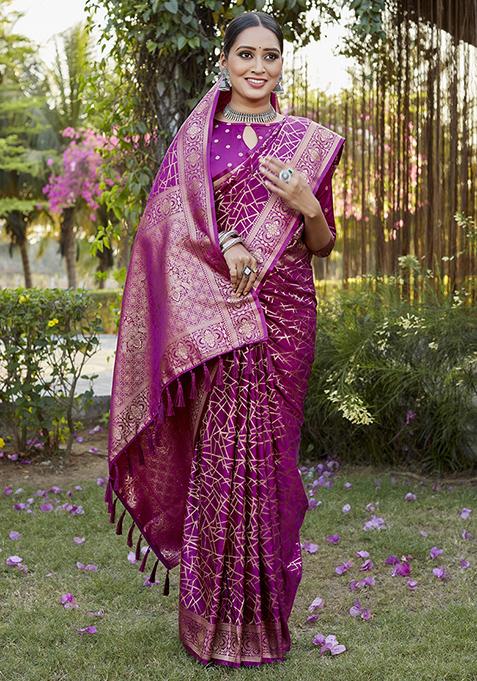 Pink Zari Woven Silk Blend Saree Set