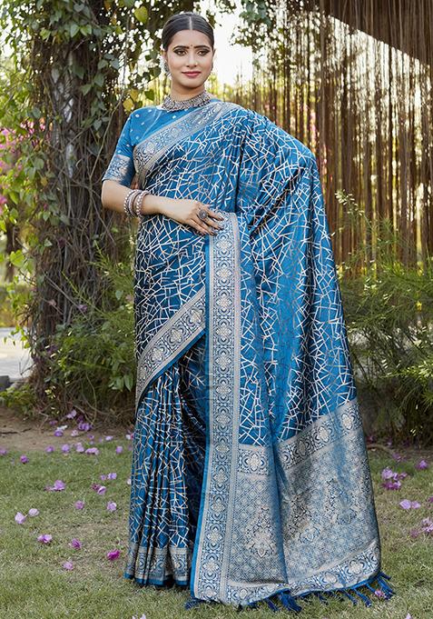 Teal Blue Zari Woven Silk Blend Saree Set