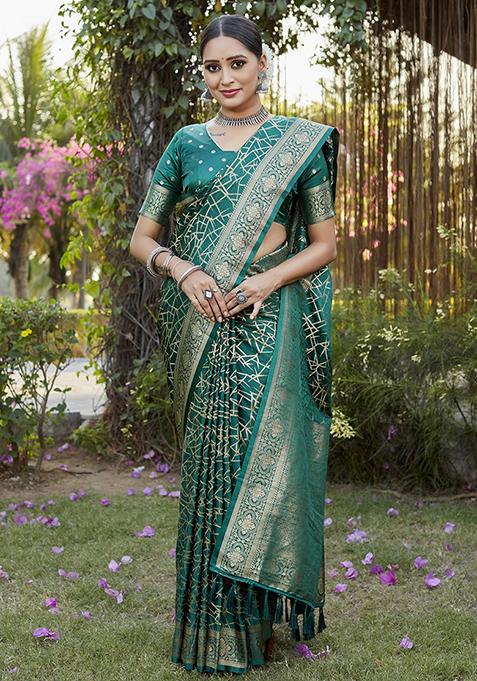 Green Zari Woven Silk Blend Saree Set