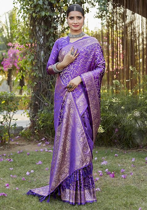 Purple Zari Woven Silk Blend Saree Set