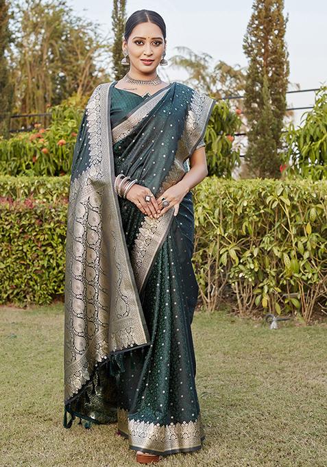 Dark Green Zari Woven Silk Blend Saree Set