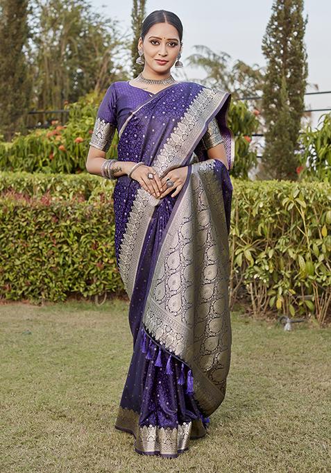 Purple Zari Woven Silk Blend Saree Set