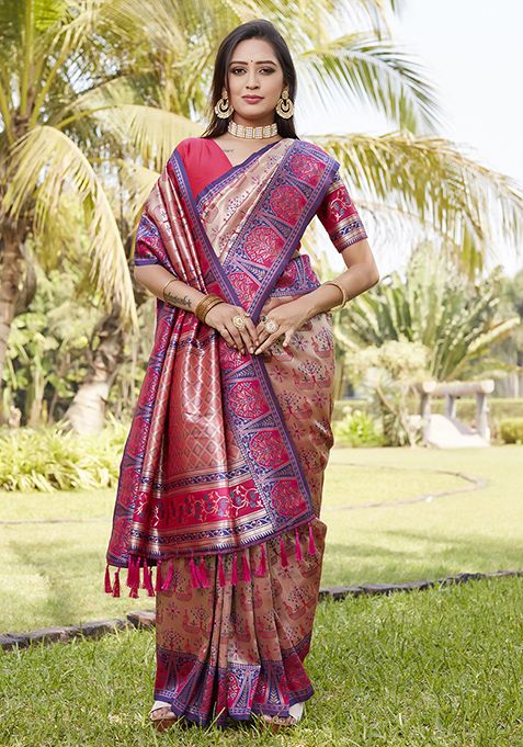 Purple Zari Woven Silk Blend Saree Set