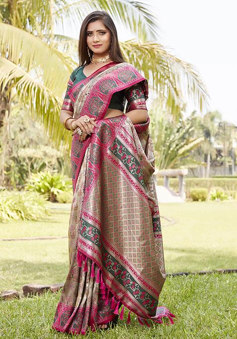 Pink Zari Woven Silk Blend Saree Set