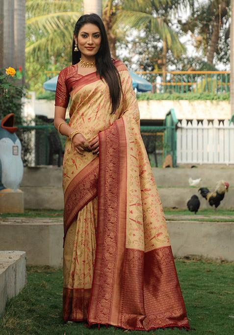 Cream Zari Woven Silk Blend Saree Set