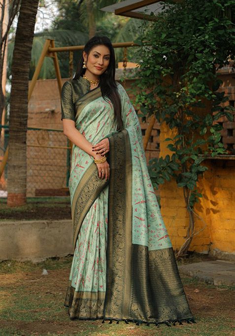 Turquoise Zari Woven Silk Blend Saree Set