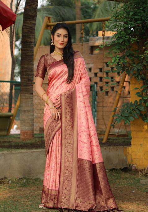 Pink Zari Woven Silk Blend Saree Set