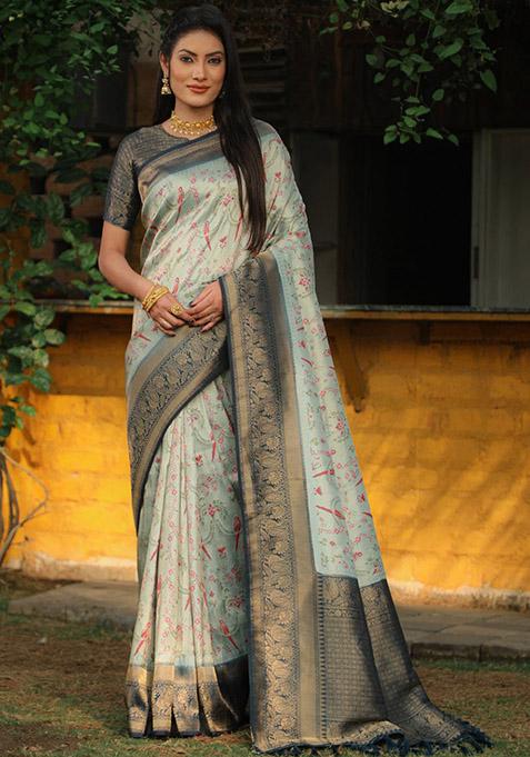 Sky Blue Zari Woven Silk Blend Saree Set