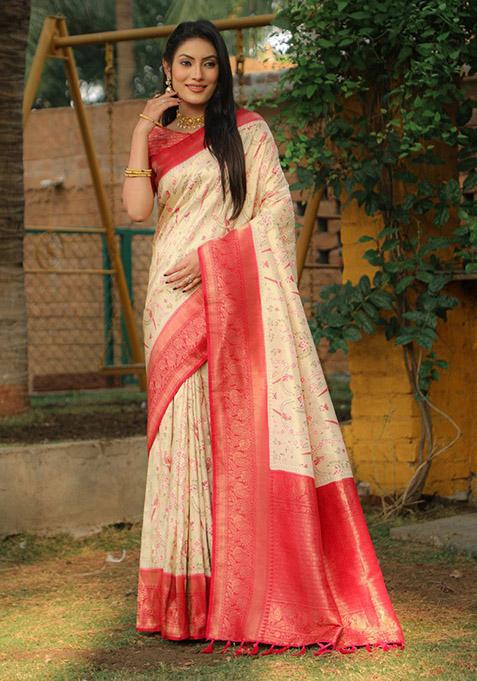 Off White Zari Woven Silk Blend Saree Set