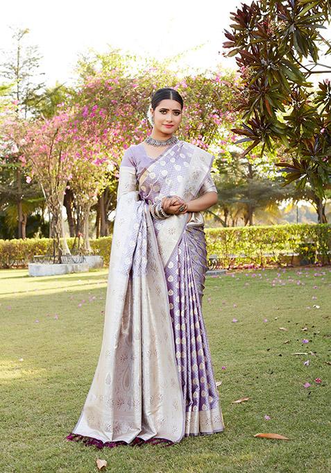 Purple Zari Woven Silk Blend Saree Set