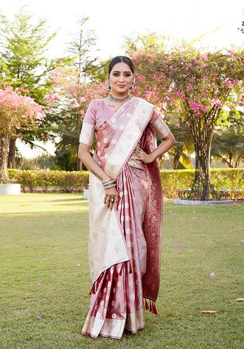 Peach Zari Woven Silk Blend Saree Set