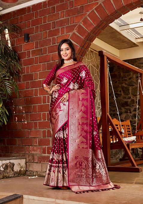 Red Zari Woven Silk Blend Saree Set