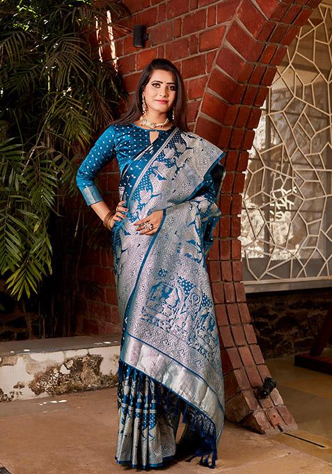 Teal Blue Zari Woven Silk Blend Saree Set