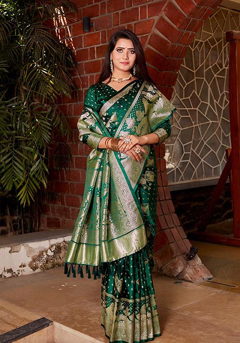 Green Zari Woven Silk Blend Saree Set