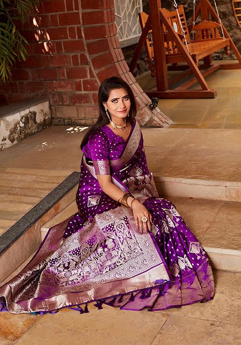 Purple Zari Woven Silk Blend Saree Set