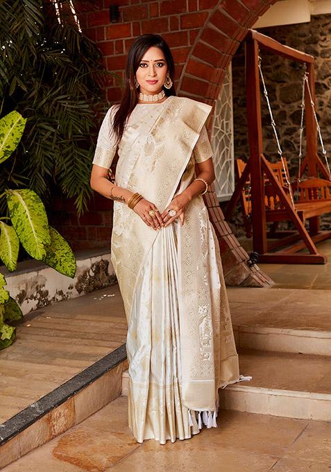 Off White Zari Woven Silk Blend Saree Set