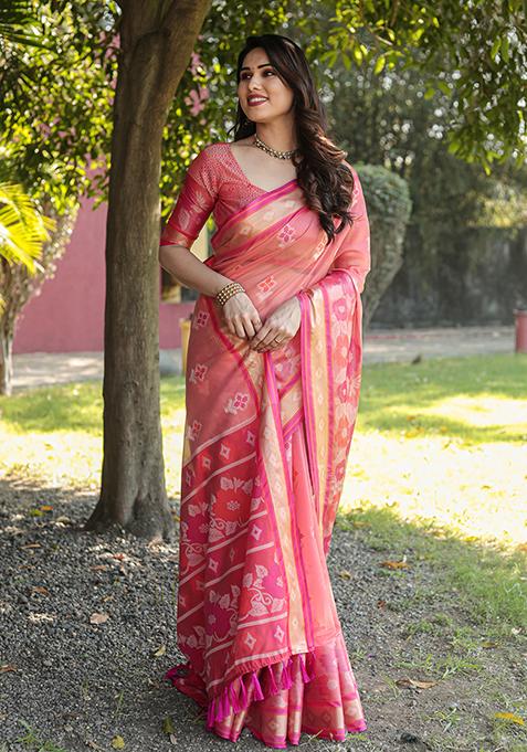 Peach Zari Woven Organza Saree Set