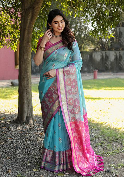 Blue Zari Woven Organza Saree Set