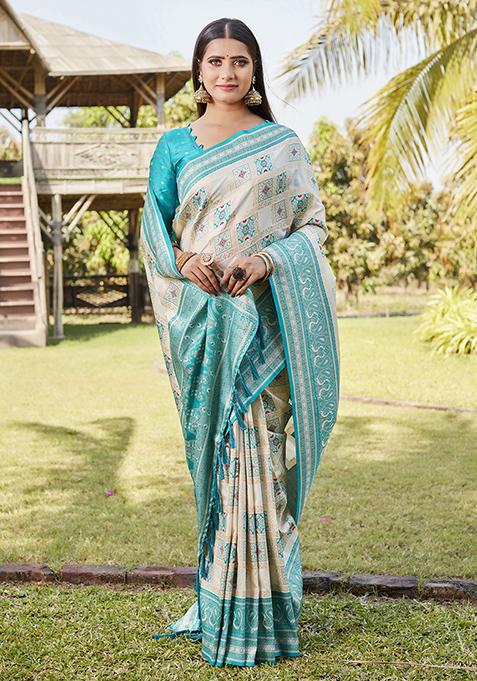 Light Blue Zari Woven Silk Blend Saree Set