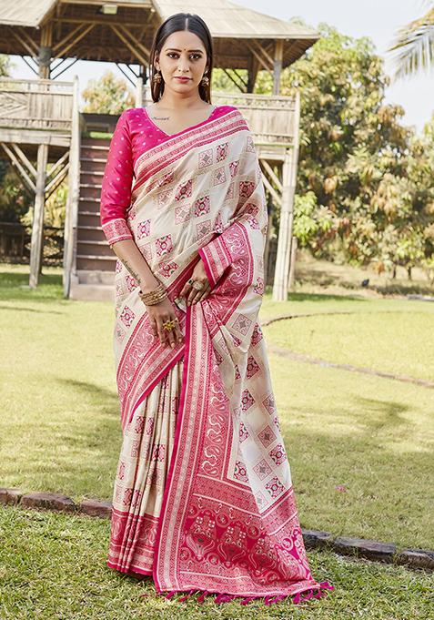 Pink Zari Woven Silk Blend Saree Set