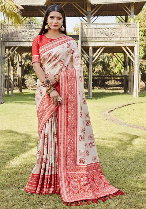 Orange Zari Woven Silk Blend Saree Set