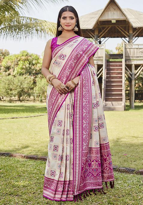 Light Pink Zari Woven Silk Blend Saree Set