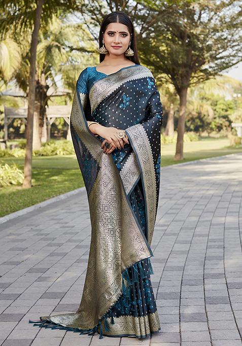 Teal Blue Zari Woven Silk Blend Saree Set