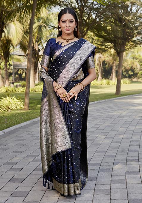 Navy Blue Zari Woven Silk Blend Saree Set