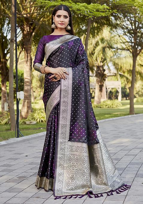 Wine Zari Woven Silk Blend Saree Set