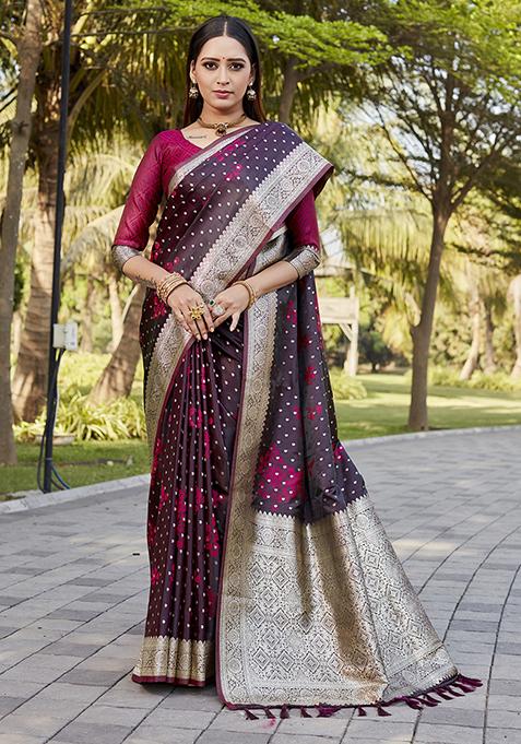 Maroon Zari Woven Silk Blend Saree Set