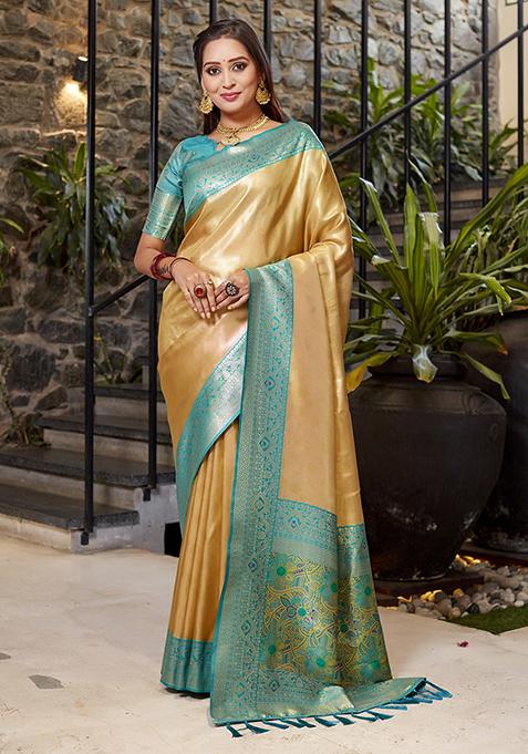 Cream Zari Woven Tissue Saree Set