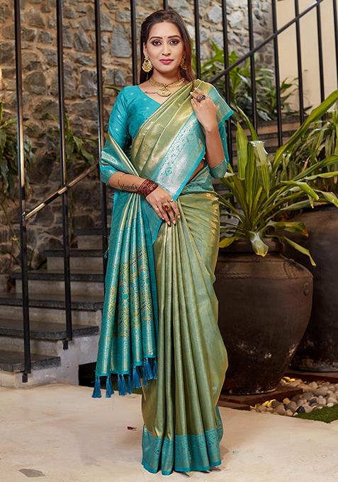 Light Green Zari Woven Tissue Saree Set