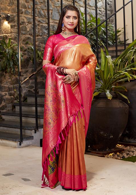 Pink Zari Woven Tissue Saree Set