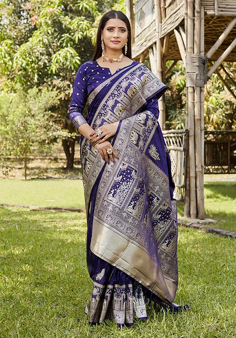 Dark Blue Zari Woven Silk Blend Saree Set