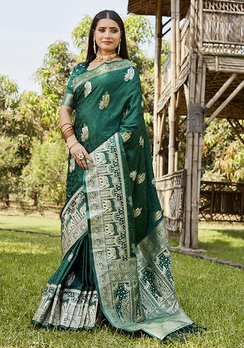 Green Zari Woven Silk Blend Saree Set