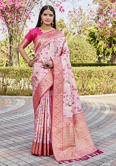 Baby Pink Zari Woven Silk Blend Saree Set