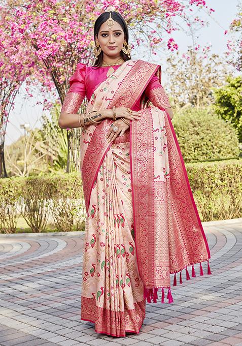 Light Peach Zari Woven Silk Blend Saree Set