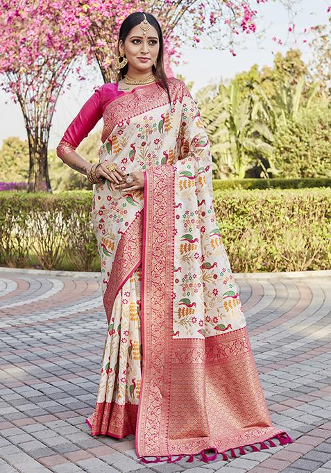 Off White Zari Woven Silk Blend Saree Set