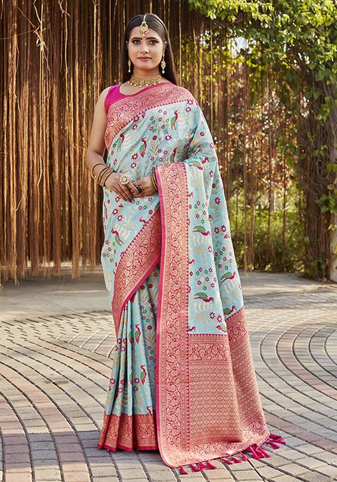 Sky Blue Zari Woven Silk Blend Saree Set