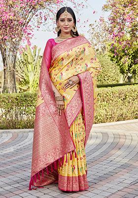 Yellow Zari Woven Silk Blend Saree Set