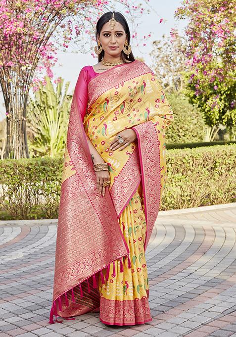 Yellow Zari Woven Silk Blend Saree Set