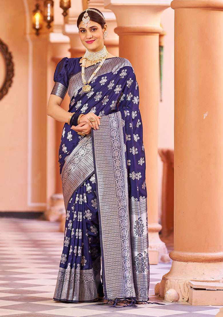 Blue Zari Woven Silk Blend Saree Set for Diwali and Festive Wear - Indya