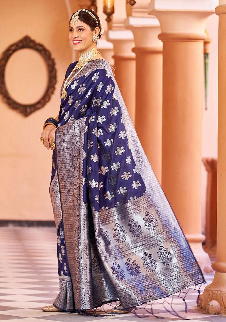 Blue Zari Woven Silk Blend Saree Set for Diwali and Festive Wear - Indya