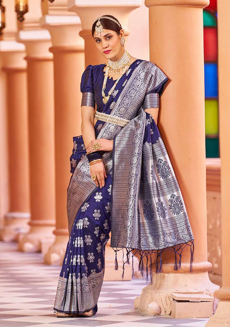 Blue Zari Woven Silk Blend Saree Set for Diwali and Festive Wear - Indya