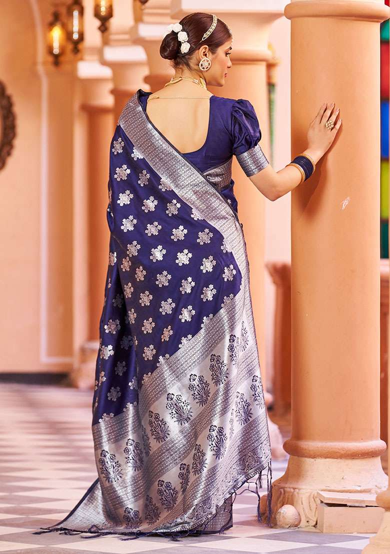 Blue Zari Woven Silk Blend Saree Set for Diwali and Festive Wear - Indya