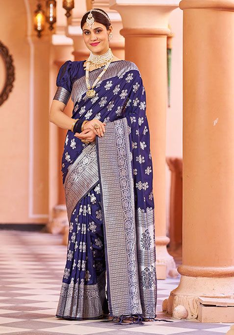 Blue Zari Woven Silk Blend Saree Set