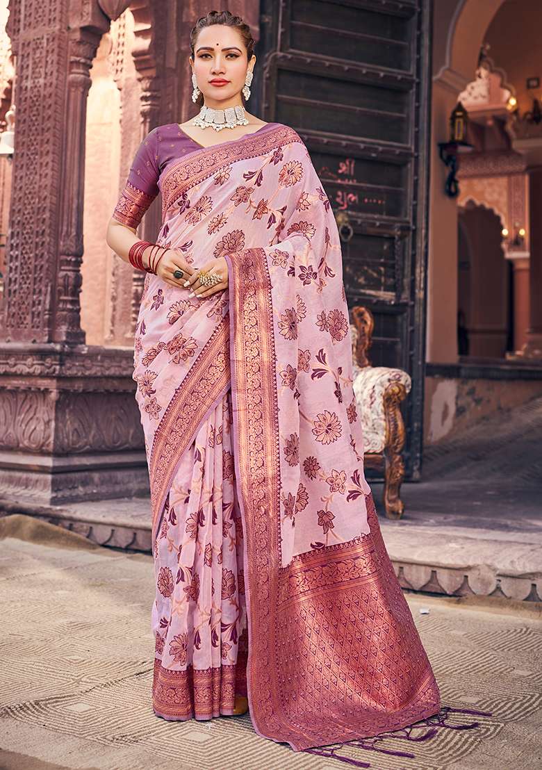 Purple Zari Woven Slub Silk Cotton Saree Set for Diwali | Wedding & Festive Wear - Indya