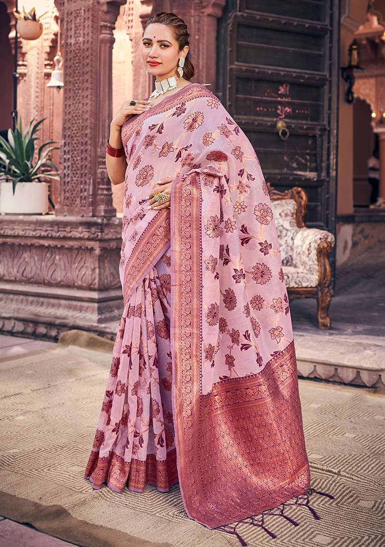 Purple Zari Woven Slub Silk Cotton Saree Set for Diwali | Wedding & Festive Wear - Indya