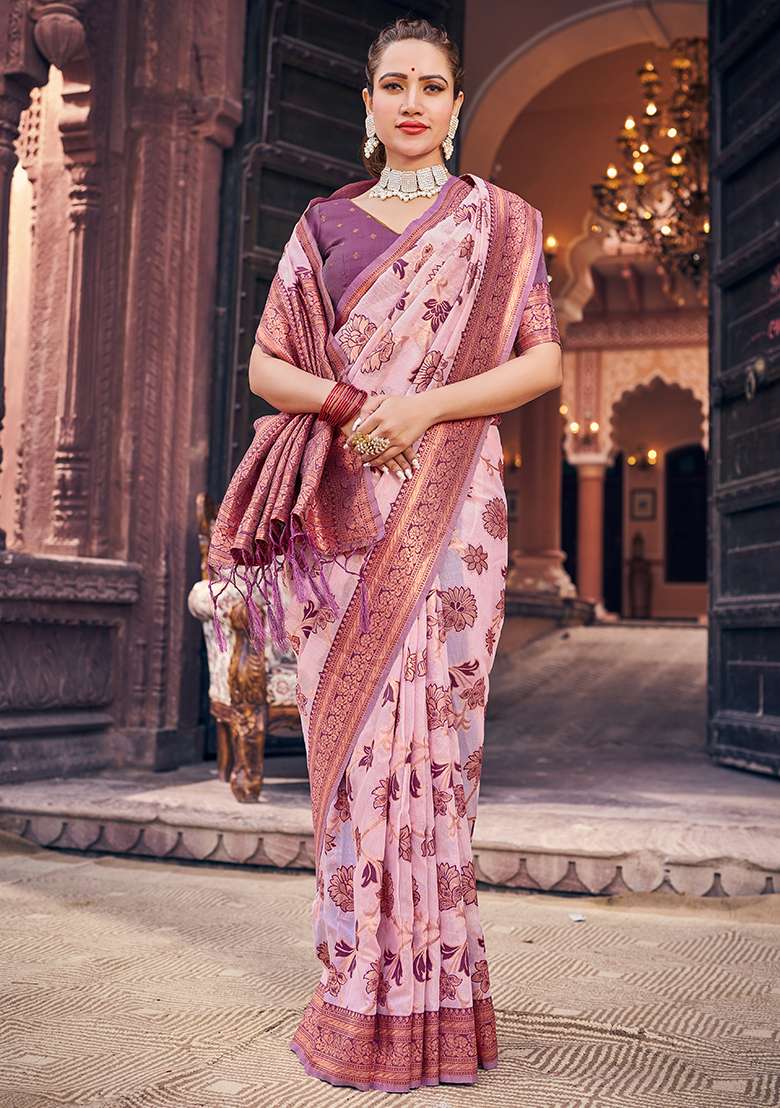 Purple Zari Woven Slub Silk Cotton Saree Set for Diwali | Wedding & Festive Wear - Indya