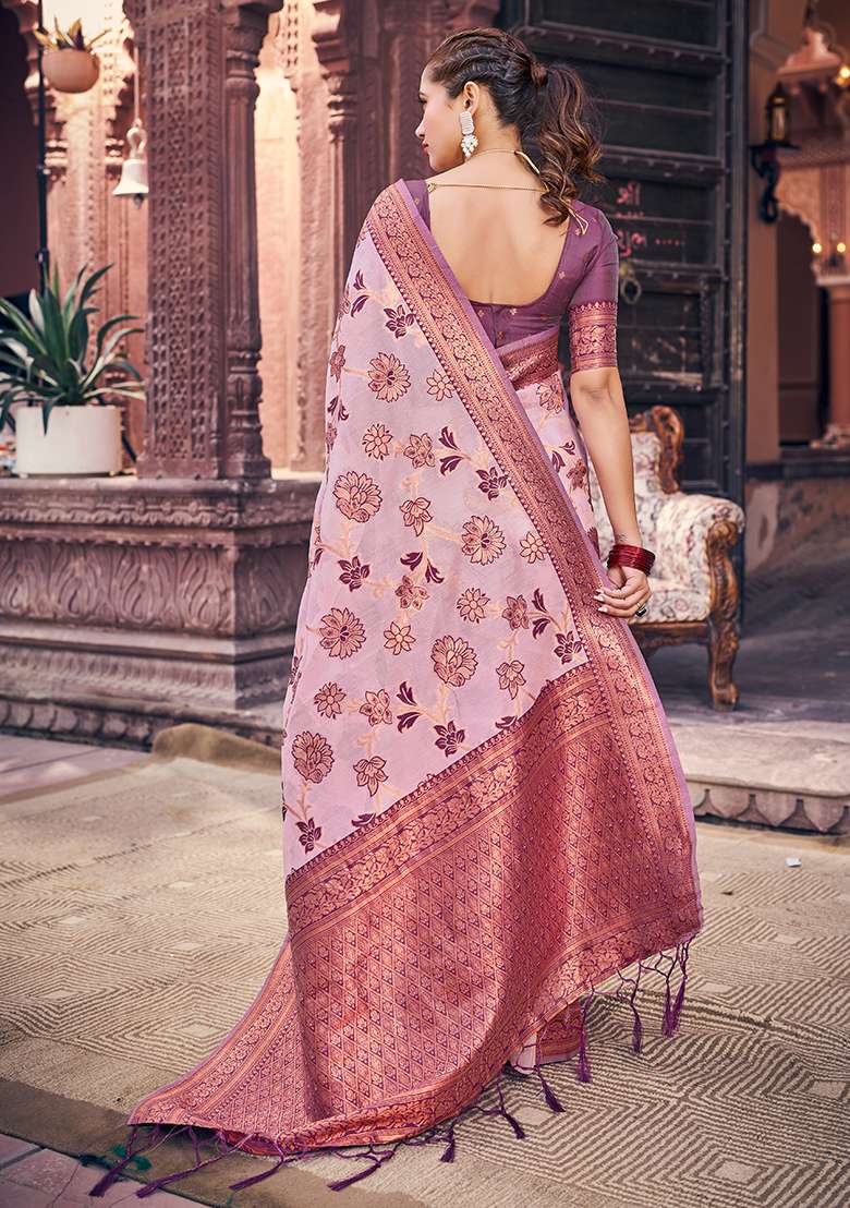 Purple Zari Woven Slub Silk Cotton Saree Set for Diwali | Wedding & Festive Wear - Indya